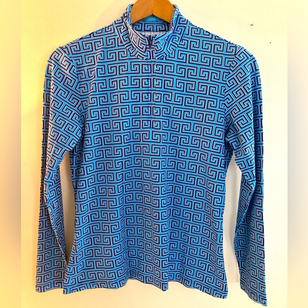 J. McLaughlin, medium, Roman pattern, blue blouse